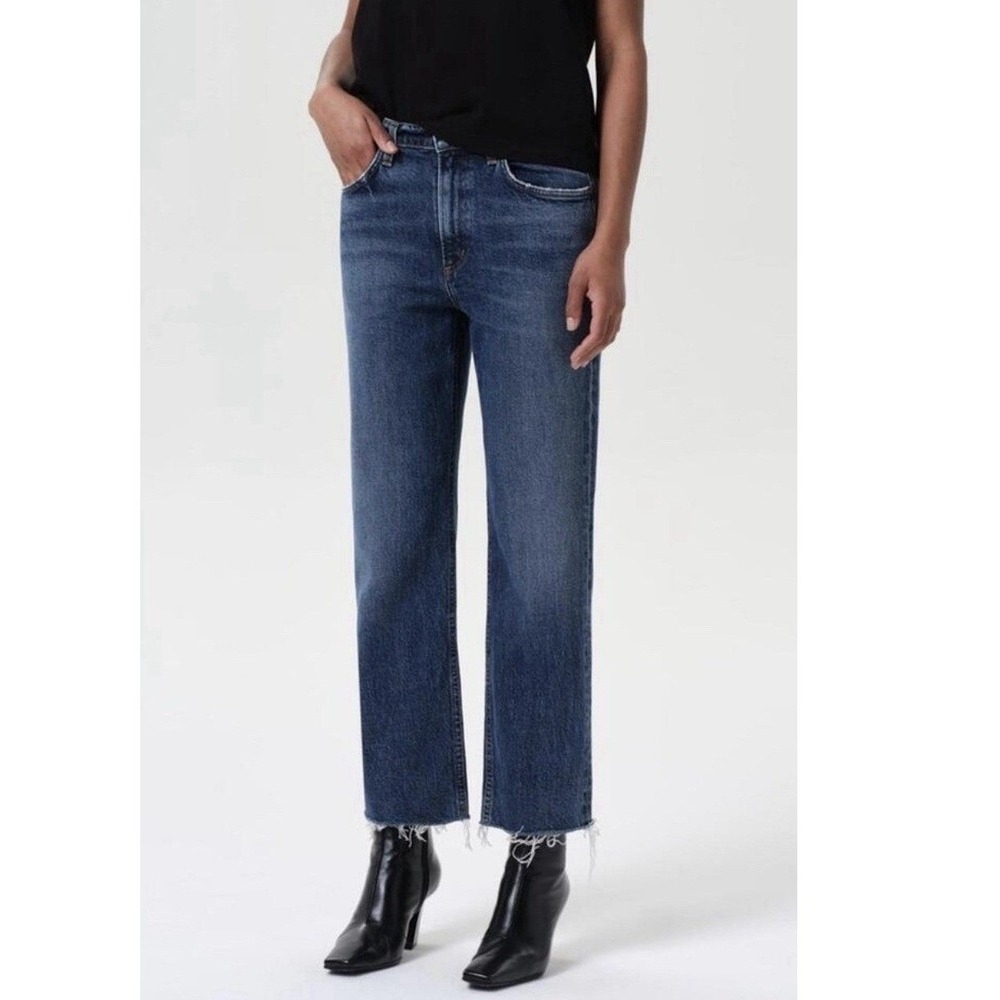 AGOLDE Valen High-Rise Straight Jeans Women's 28 Medium Wash 100% Cotton Raw Hem